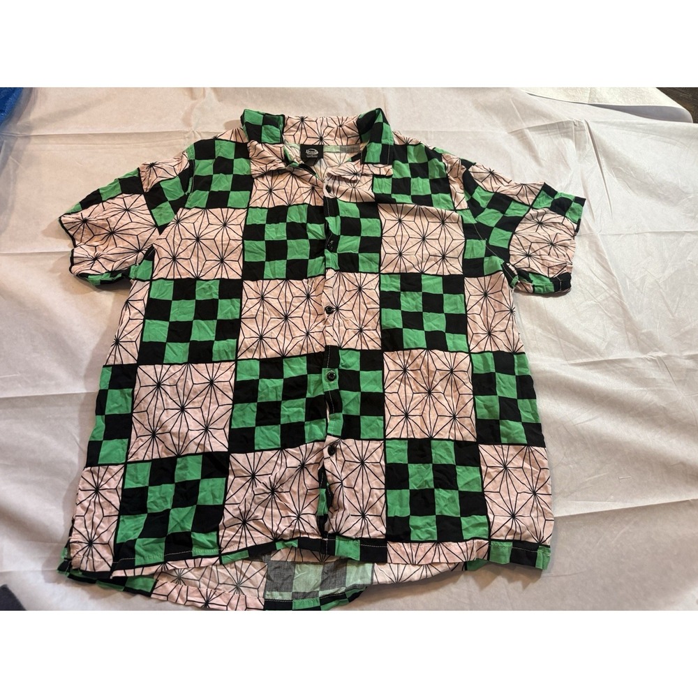 Demon Slayer Shirt Mens XL Rayon Tanjiro Nezuko Anime Button Up Camp Green Pink
